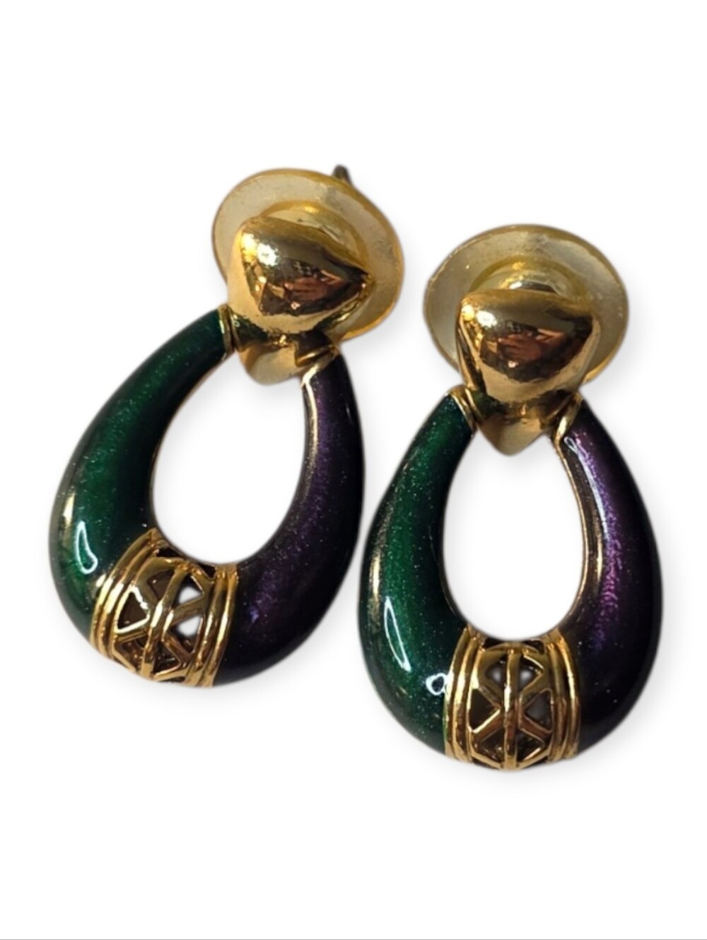 Vintage Green Purple Enamel Gold Tone Statement Earrings